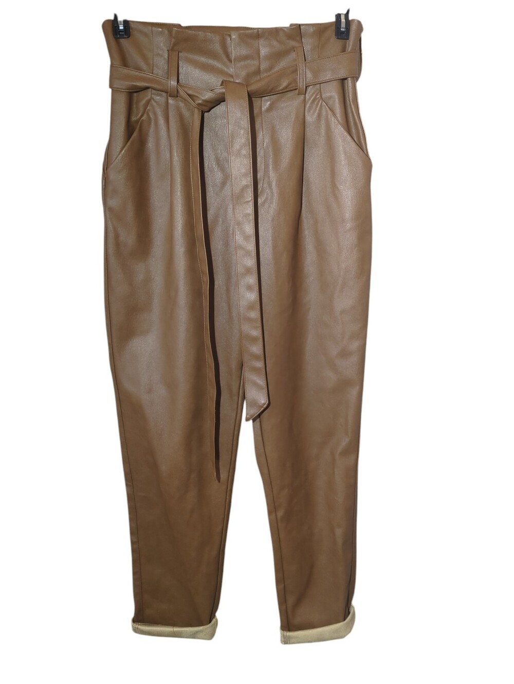 Lucy Paris Men's Tan Faux Leather Paperbag Waist Chinos with Tie